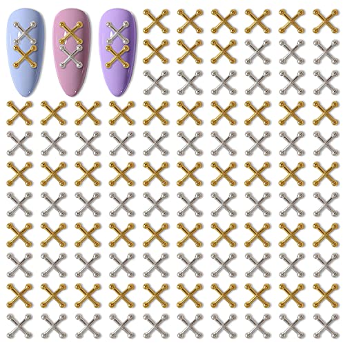 WOKOTO 100pcs Gold & Silver Gothic Cross Nail Charms 3D Metal Art Studs