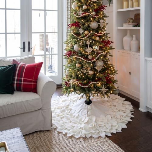 Foilswirl 36 Inch White Christmas Tree Skirt with Poinsettia Pearl Edge - Holiday Decor