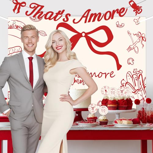 That's Amore Bridal Shower Decorations Set with Backdrop & Cupcake Toppers
