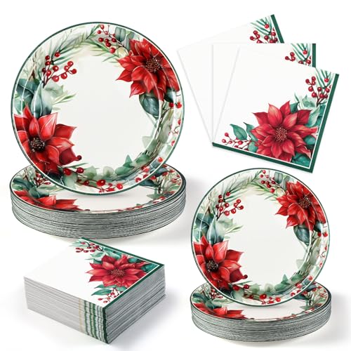 Christmas Paper Plate and Napkin Set - 200 Heavy Duty Disposable Dinnerware