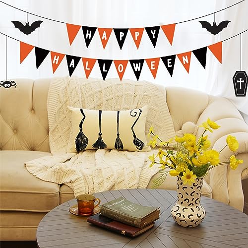 Halloween Witch Broom Throw Pillow Cover - 12x20 Inch Black Cushion Case