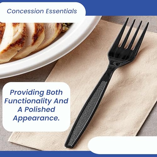 Concession Essentials 7.25" Heavy Weight Plastic Forks, Black, 100ct Wrapped