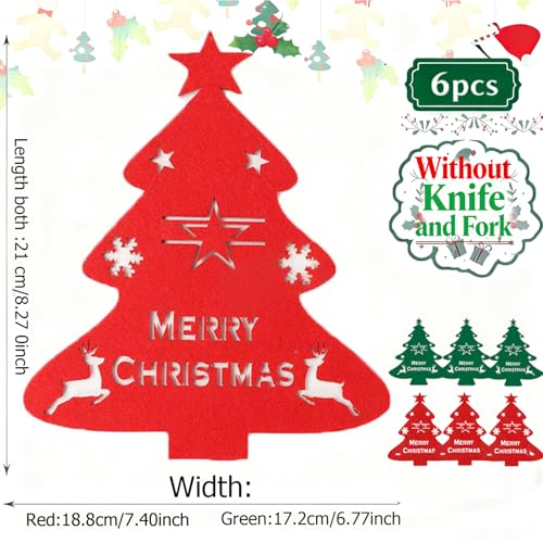 6Pcs Christmas Silverware Holder & Placemats Set Red Green Tree Decor
