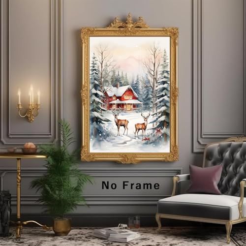 Vintage Christmas Deer Canvas Wall Art - 16x24 Inch Unframed