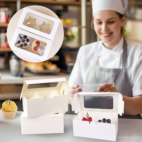 10 Pack White 2-Cavity Cupcake Boxes with Clear Window for Bakery Treats