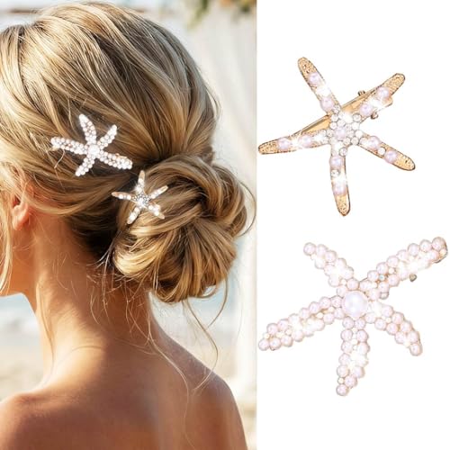 CAKURE Gold Starfish & Seashell Hair Clips - Mermaid Hair Accessories (2 Pack)