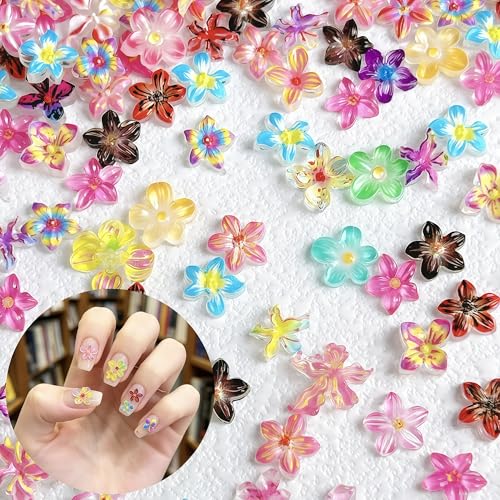 120Pcs 3D Resin Flower Nail Charms Colorful Hibiscus Flatback Floral Gems