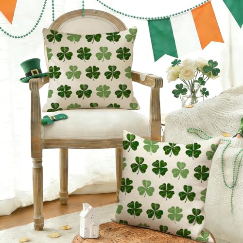 St. Patrick's Day Pillow Covers 18x18 Inch - Green Shamrock Set of 2