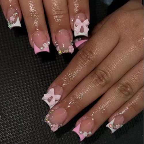Short Square Press on Nails with 3D Bow Flower Charms Glossy False Nails