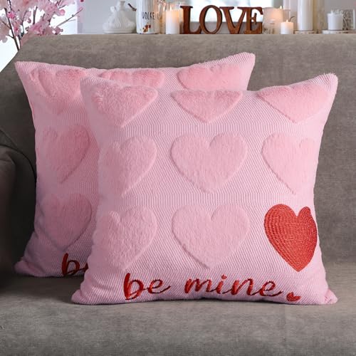 4TH Emotion Valentine's Day Faux Fur Pillow Covers, Pink 18x18 Inch Set of 2