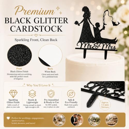 Mr and Mrs Fishing Couple Cake Topper - Black Glitter Decor