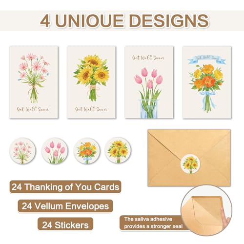 24 Pack Get Well Soon Cards with Envelopes, 4 Floral Designs, 4x6 Inch