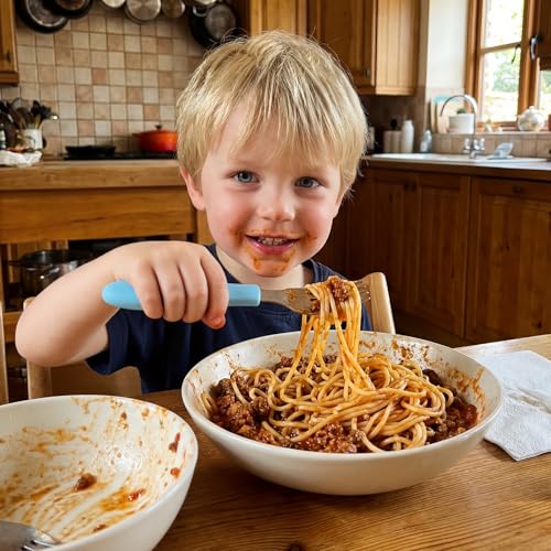 Kids Stainless Steel Fork & Spoon Set with Color Options - Toddler Safe Flatware for Self-Feeding, 6 pcs Blue/Green/Pink