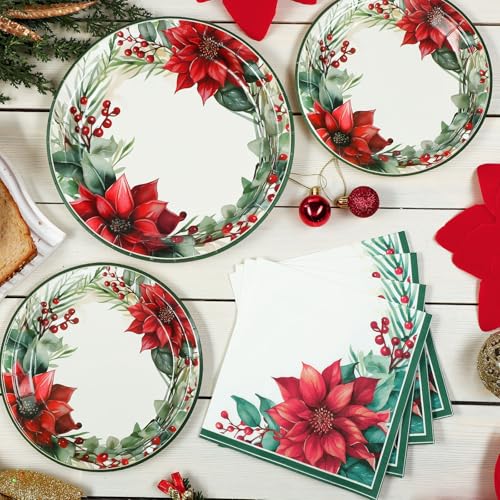 Christmas Paper Plate and Napkin Set - 200 Heavy Duty Disposable Dinnerware
