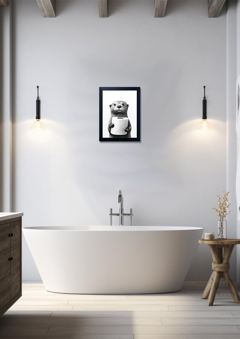 Regine Switzerland Funny Bathroom Wall Art - Framed Black and White Raccoon Canvas Print | Unique Decor