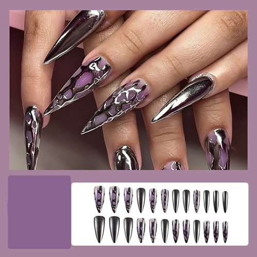Purple Long Almond Press on Nails with Metallic Silver Line Designs Glossy Acrylic False Nails 24Pcs