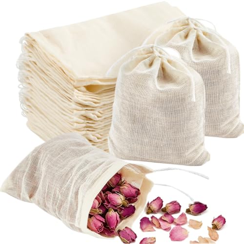 TUZAZO 50 Pcs Reusable Cotton Muslin Bags - 3x4 Inch Tea & Spice Sachets