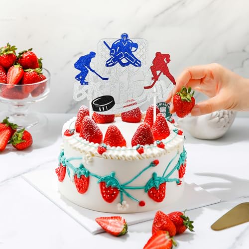 Hockey Themed Happy Birthday Cake Topper - Silver Glitter Decoration