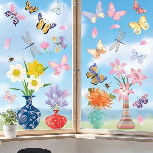 Spring Flower Butterfly Window Clings - 44 Pcs Reusable PVC Stickers
