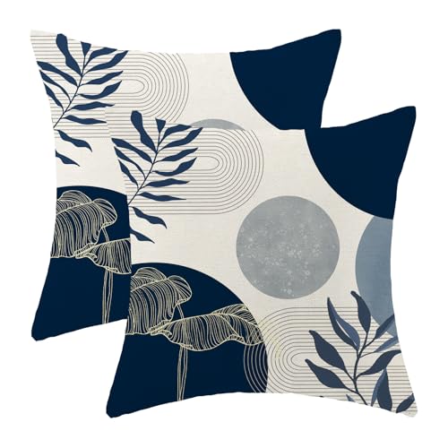 Boho Navy Blue Throw Pillow Covers 18x18 Set of 2 - Modern Linen Cushion Case