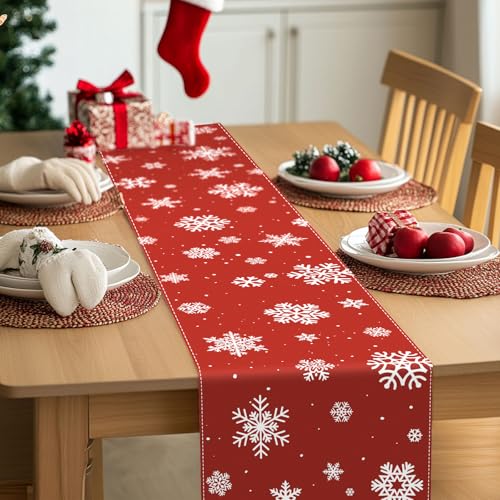 Christmas Table Runner - 13.4 x 74 Inch Rustic Red Snowflakes