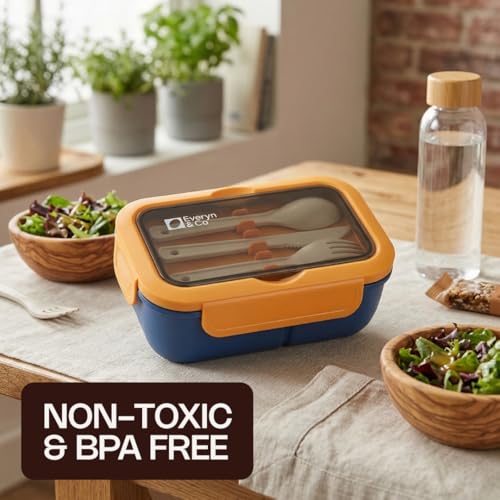 Everyn & Co. Leak-Proof Bento Lunch Box with Utensils - Navy Blue & Yellow