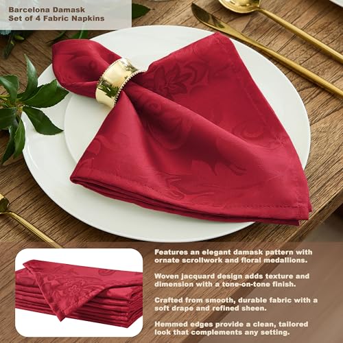 17x17 Red Damask Fabric Napkins Set of 4 - No Iron, Soil Resistant, Holiday Dinnerware