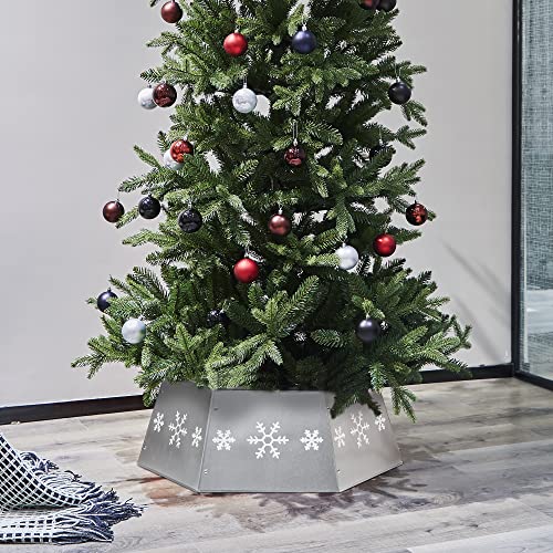 Metal Christmas Tree Ring with Snowflake Print - Silver Tree Collar Stand, 26.6-inch