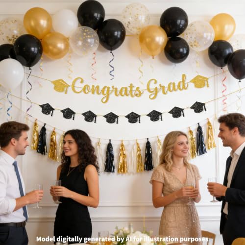 2026 Graduation Banner Set - Black & Gold Glitter Decor