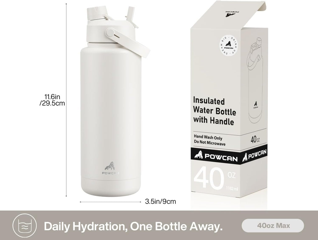 POWCAN 40 oz Insulated Water Bottle - 2-in-1 Straw & Spout Lid, Leak-Proof, BPA-Free, Ivory