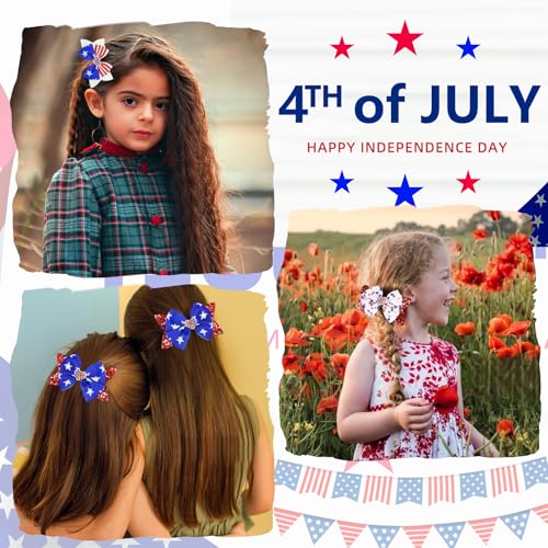 JOYRUBY 4th of July Sequin Hair Bow Clips - Red White & Blue Sparkly Cheer Barrettes for Girls