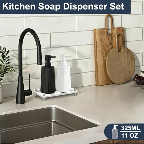 Modern Farmhouse Glass Soap Dispenser Set with Diatomite Tray (White/Black)