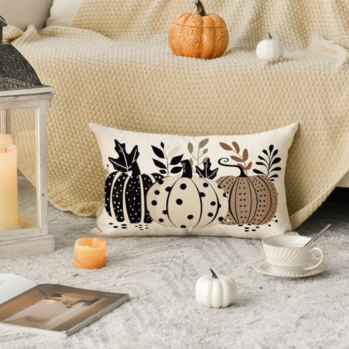 Fall Pumpkin Polka Dot Leaves Throw Pillow Cover 20x12 Inch