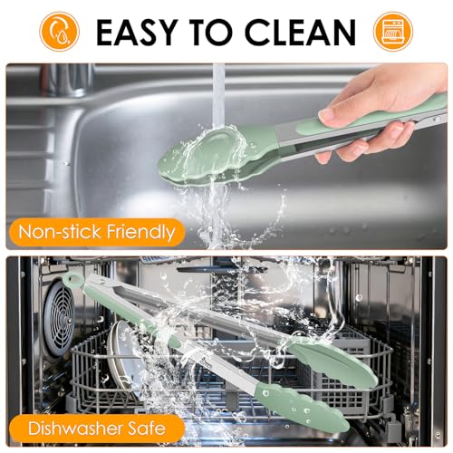 HOTEC 7-Inch Mini Silicone Kitchen Tongs - Heat Resistant Set of 3 (Light Green)