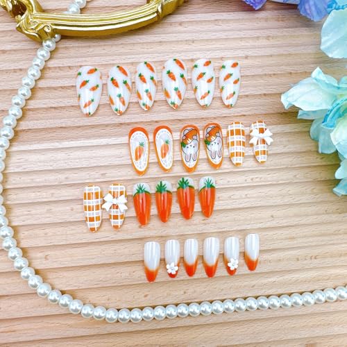 Easter Carrot Rabbit Press on Nails Medium Almond French Tip False Nails