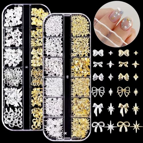 COOSLIM 150PCS Gold & Silver 3D Bow Nail Charms - 12 Styles Mini Alloy Bowknot Gems for Acrylic Nails & DIY Crafts