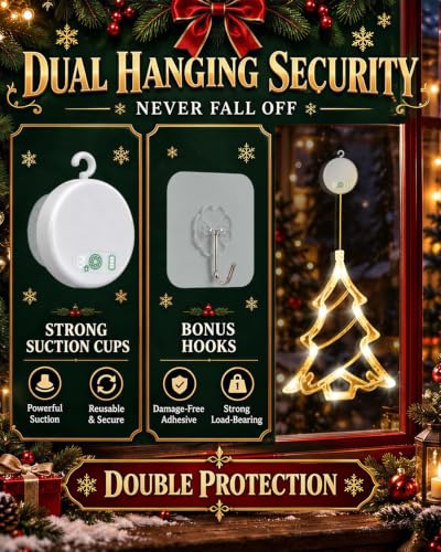 Rechargeable Christmas Window Lights with Bell Tree & Star Designs - Warm White, 3 Pack