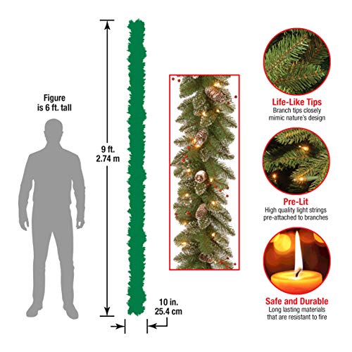Pre-Lit Artificial Christmas Garland 9 Feet Glittery Mountain Spruce with Pine Cones & Berry Clusters - Indoor Outdoor Decor