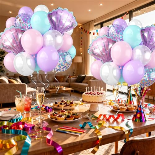 Mermaid Balloon Set - Pastel Pink, Purple, Teal & Confetti - 30 Pieces