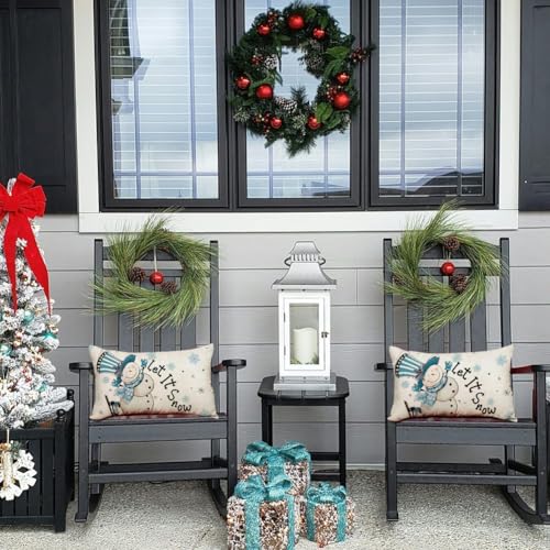 RABUSOFA Christmas Lumbar Pillow Cover, 12x20 Inch Blue Snowman Snowflake