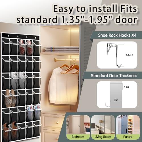 30-Pocket Over the Door Shoe Organizer - Black Hanging Rack