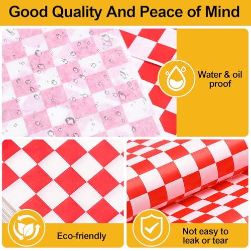 YEHOSHUN 100Pcs Red & White Wax Paper Sheets - Grease Resistant 11x11" Deli Paper for Sandwiches & Food Basket Liners