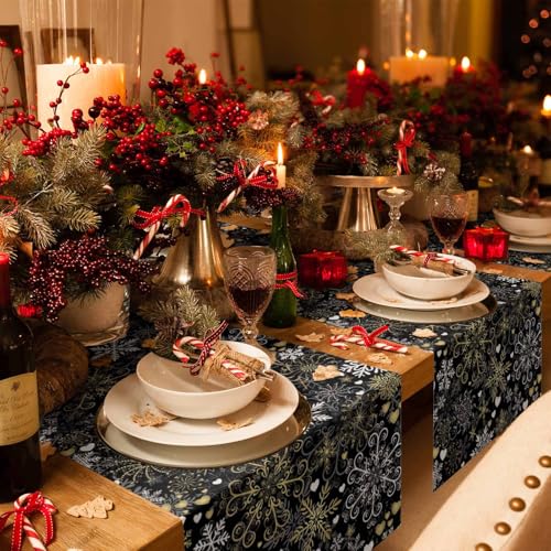 Black Christmas Snowflake Table Runner 13x72 Inches Cotton Linen Holiday Decor - Black