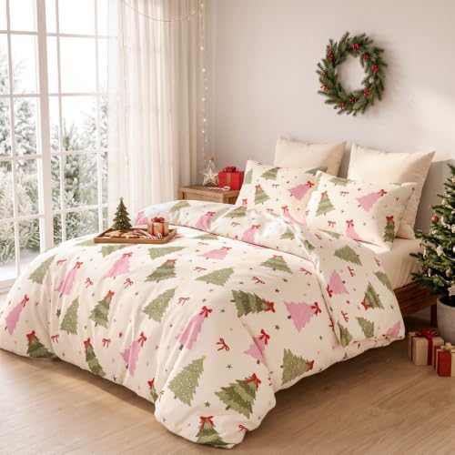 Pink Green Christmas Tree Queen Comforter Set with Pillowcases - Festive Bedding