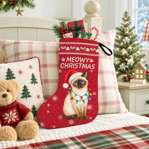 Siamese Cat Christmas Stocking - Red Holiday Decor for Cat Lovers