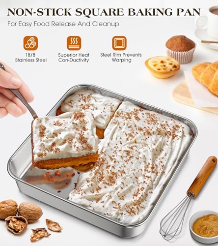Yuiicaov 8x8-Inch Stainless Steel Square Baking Pan - Heavy Duty Cake Pan