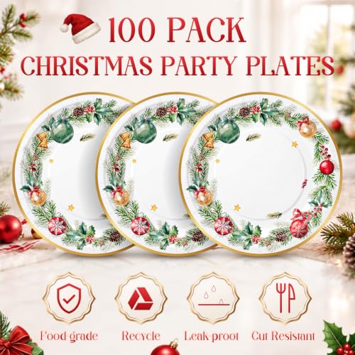 Christmas Paper Plates 100 Pcs 7 Inch White-Gold Wreath Design - Holiday Party Tableware