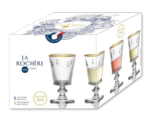 La Rochere Gold Rimmed Napoleon Bee Stemmed Wine Glass Set of 4 – Vintage Wine Glasses – Gold Rimmed Glassware (9 oz)