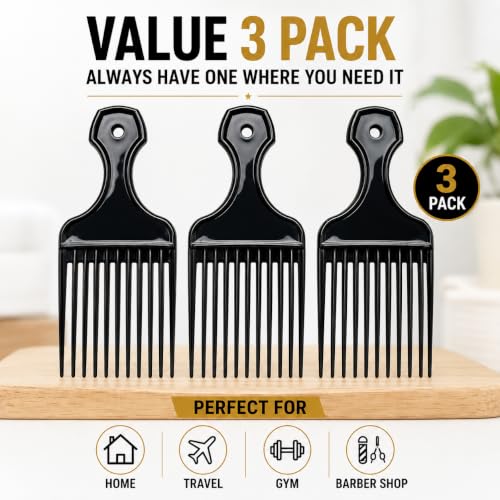 LUXXII Afro Hair Pick Comb Set 3-Pack - Wide Tooth Lift Combs for Curly Hair