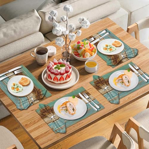 Farmhouse Teal Placemats and Cloth Napkins Set of 8 - Rustic Modern Kitchen Decor